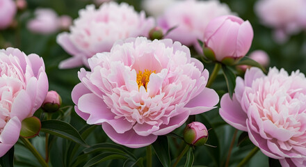 Fototapeta premium Captivating close-up of delicate pink peonies blooming in a lush green garden during springtime