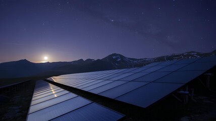 Nighttime mountain solar panels, renewable energy array under starry sky, sustainable clean power, illuminated photovoltaic system, eco-friendly technology, rural landscape, quiet environment
