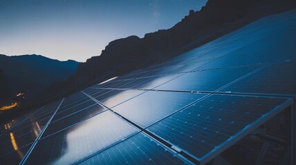 Solar panel installation at night in mountains, green energy concept, illuminated photovoltaic cells, sustainable electricity, clean power, off-grid system, rural scenery, calm and dark landscape