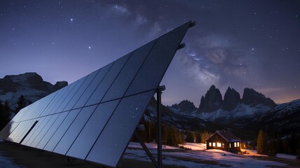 Illuminated solar panels on mountain slope at night, renewable energy and sustainable power, clean electricity system, eco-friendly technology, rural landscape, dark sky, quiet twilight scene
