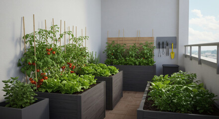 Naklejka premium A productive balcony garden: organized raised beds growing tomatoes, lettuce, and herbs, with a small composting bin and gardening tools neatly hung on a wall-mounted rack