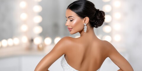 Elegant woman with dark hair styled in an updo, wearing a sparkling dress and earrings, poses gracefully in a softly lit room, showcasing beauty and sophistication