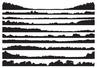 Obraz premium Collection of diverse natural silhouettes representing forest tree line and rural landscape borders white background