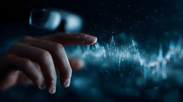 Hand interacting with a futuristic digital data graph using augmented reality technology