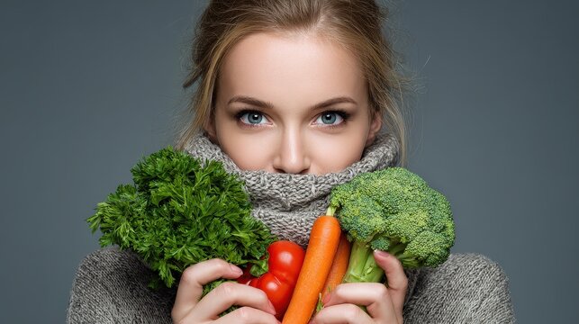 Woman with Fresh Vegetables near face. Healthy Eating and Lifestyle Concept