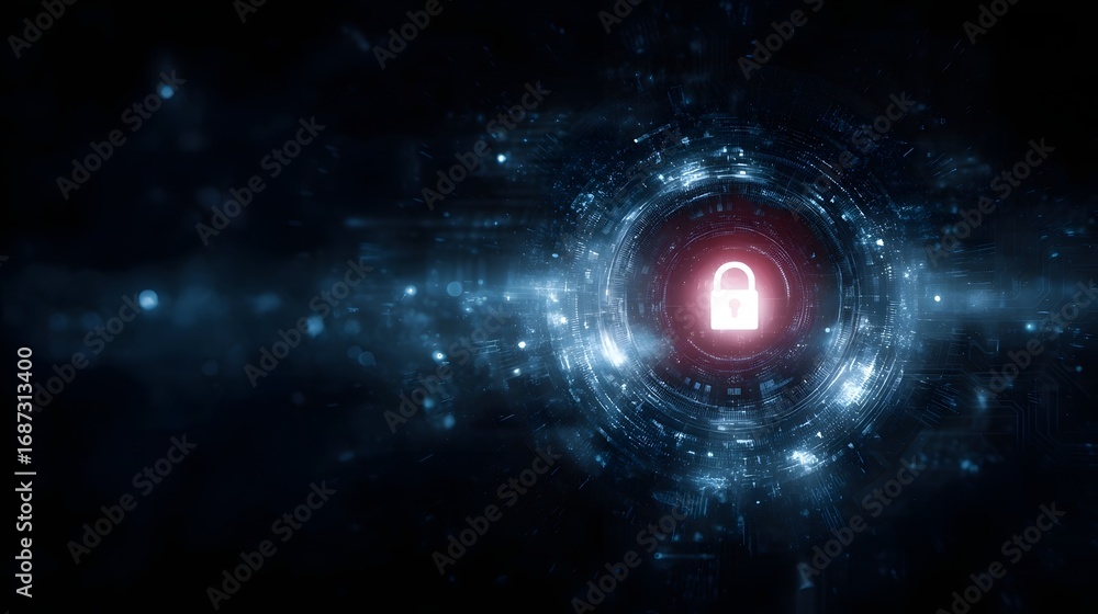 Aufkleber glowing padlock at the center of a futuristic digital interface with circuit patterns symbolizing cy
