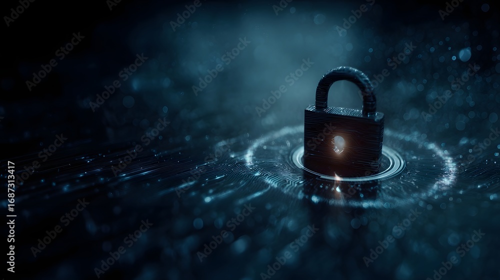 Poster a glowing padlock on a futuristic digital circuit board representing cybersecurity and data protecti