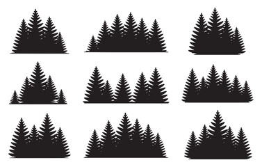 Fototapeta premium Collection of silhouette pine tree forests for nature landscape design elements white background
