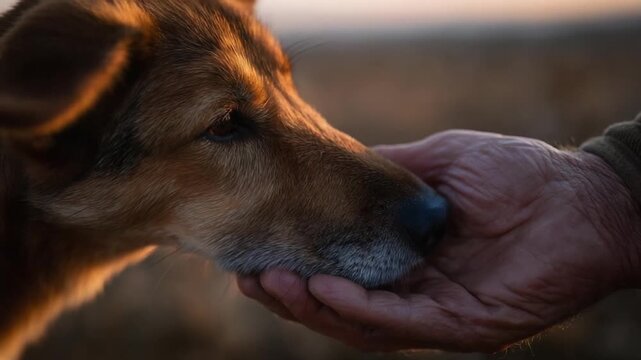 A dog nuzzles a person's hand outdoors at sunset.