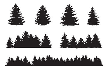 Fototapeta premium Collection of diverse evergreen tree silhouettes for forest scenery and nature design elements white background