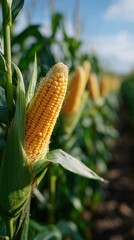 A vibrant close-up of ripe corn growing in a sunlit field, showcasing agricultural abundance and natural growth.