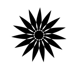Black abstract flower shape with pointed petals and circular center for decorative patterns, logos, posters, mandala art, and modern graphic design projects