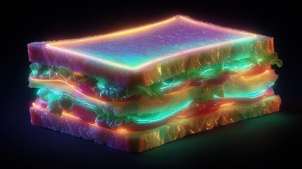 Futuristic Neon Sandwich on Black Background: Conceptual Food Art