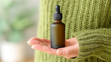 Female hand holding a dark amber glass dropper bottle, showcasing natural skincare product, with soft blurred background creating a calming atmosphere for wellness and beauty