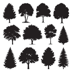 Collection of diverse tree silhouettes set nature elements forest woodland flora isolated on white white background