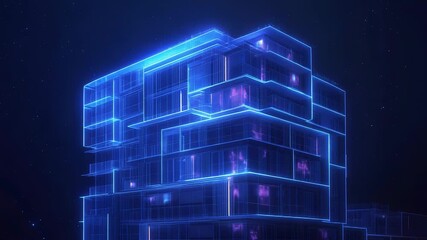 Futuristic smart building project showing a digital neon blueprint glowing at night - Powered by Adobe