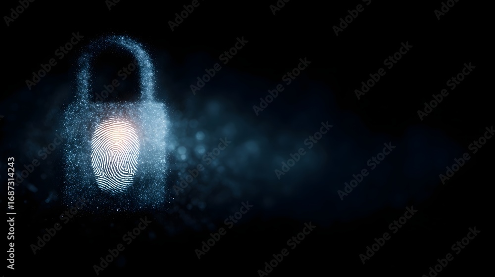 Aufkleber digital padlock icon composed of glowing particles featuring a fingerprint for biometric authenticat