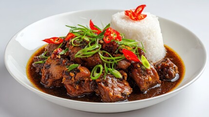 Braised Chicken with Rice and Chili Garnish on White Plate