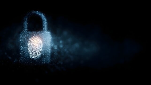 Digital padlock icon composed of glowing particles featuring a fingerprint for biometric authentication and secure access