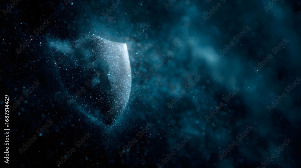 Poster padlock icon hovering above shield symbol in digital environment