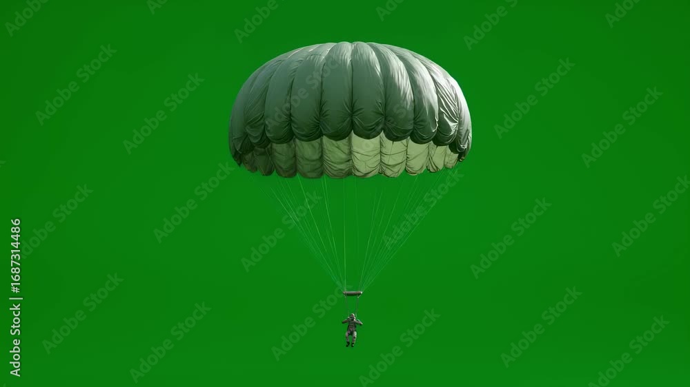 Poster cargo parachute bundle unfolding in ultraslow motion with drogue chute release set on green screen f