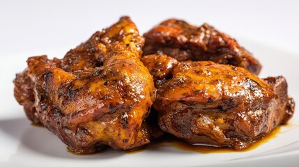 Juicy Glazed Chicken Thighs on White Plate, Close-Up
