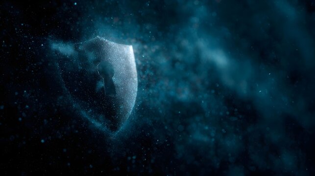 Padlock icon hovering above shield symbol in digital environment