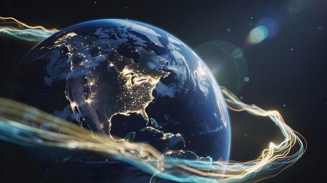 Earth at Night with Light Trails: A Global Connectivity Visualization, Illustrating Network Communication and Technological Advancement in Space - Powered by Adobe