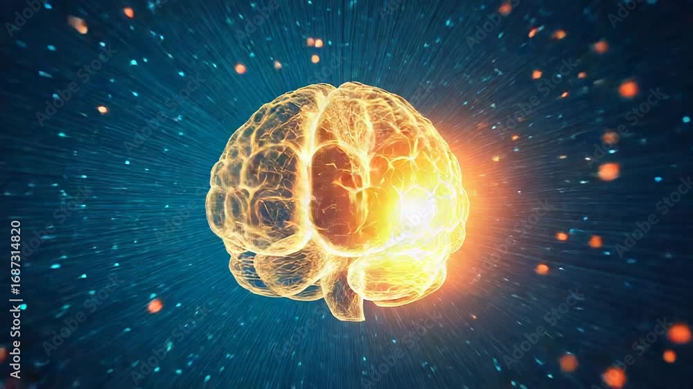 Poster glowing polygonal brain is processing data in cyberspace
