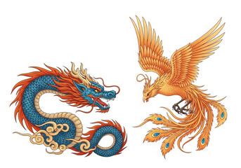 Traditional chinese dragon and phoenix facing each other isolated on white background