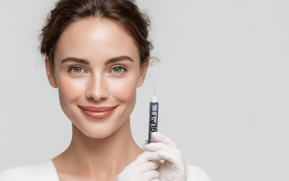 Smiling young Caucasian woman holds a syringe GLP-1 in a clinical setting. She wears white gloves and has a clear complexion.