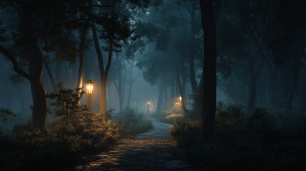 Fototapeta premium A foggy path lined with trees and illuminated by glowing street lights at night