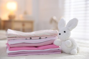 Stack of clean baby clothes and accessory on bed linens indoors, closeup