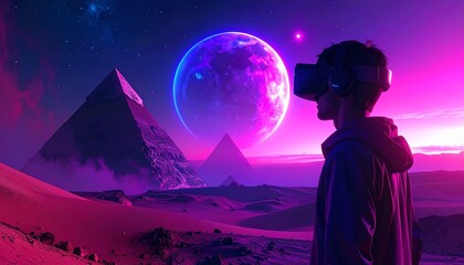 Fototapeta premium Futuristic desert landscape with VR headset user exploring surreal pink and purple planets, sci-fi space adventure with pyramids, night sky exploration theme.