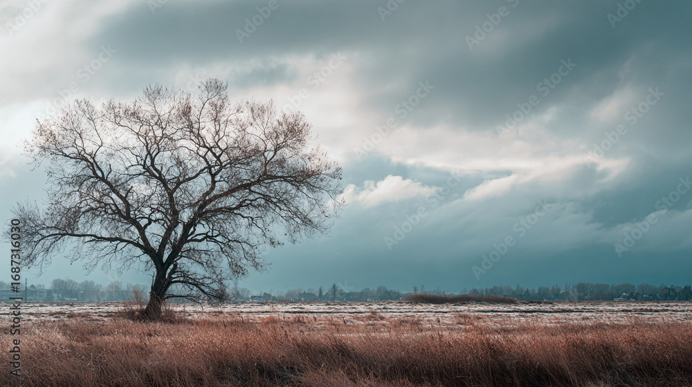 Poster a bare tree stands in a field under a cloudy sky in a landscape scenery view image