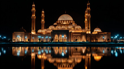 Obraz premium Illuminated mosque with minarets and domes reflecting in the dark water at night