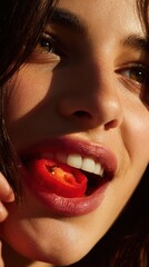 Woman Eating Tomato: Close-up on Healthy Eating and Vibrant Beauty