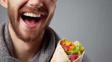 Man Laughing Hysterically While Holding a Fresh Veggie Wrap