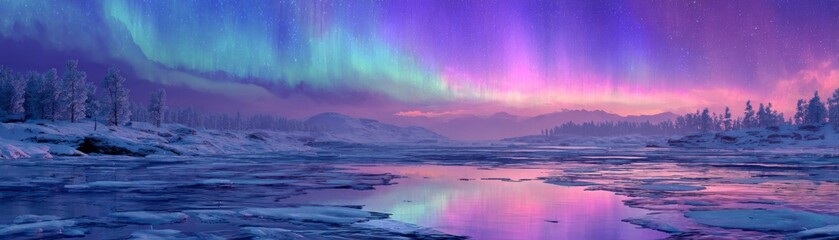 Fototapeta premium Stunning arctic tundra under a vivid aurora borealis display lighting up the night sky with brilliant colors and ice textures creating a magical winter wonderland atmosphere