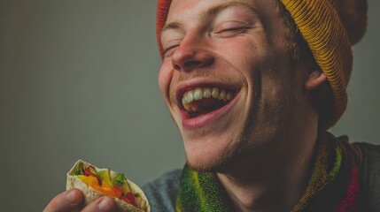 Man Laughing with Eyes Closed While Holding a Veggie Wrap
