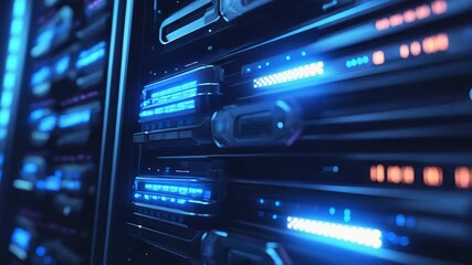 Server room data center with blinking lights processing information - Powered by Adobe