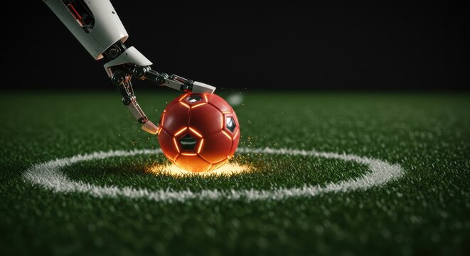 Futuristic Soccer: Robotic Leg and Glowing Ball on Green Field