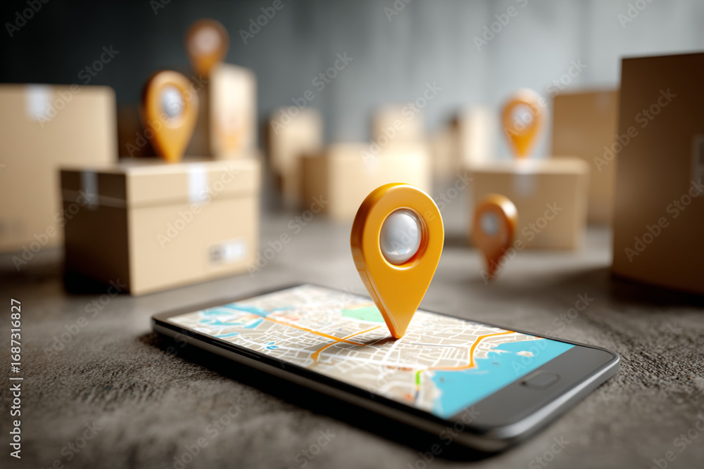 Poster smartphone showing map with location pins near delivery boxes