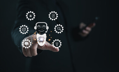 Business professional interacting with AI chatbot interface surrounded by technology icons. Concept of artificial intelligence, automation, customer support, and digital business solutions.
