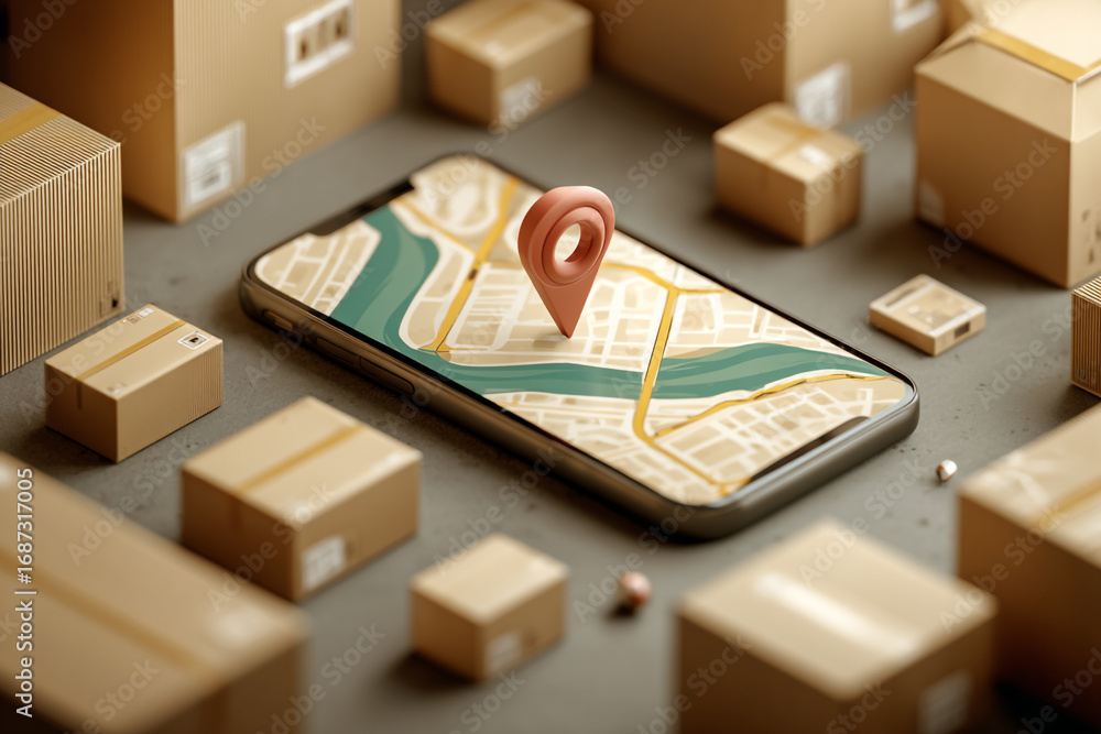 Poster smartphone map showing package delivery location many cardboard boxes around