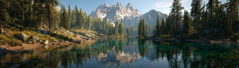 Stunning crystal mountain lake surrounded by lush green trees with reflections of the majestic landscape mirroring in the calm water on a clear day of natural serenity