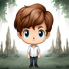 Cute anime-style boy character standing in soft fantasy forest environment with gentle lighting