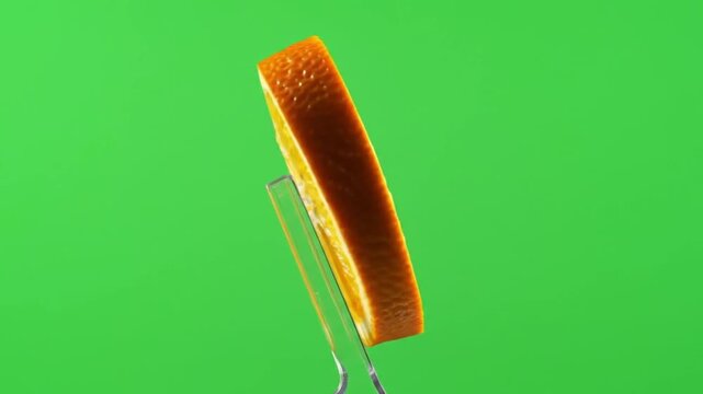 Close-up shot of a single orange slice held by a clear plastic utensil against a vibrant green background.