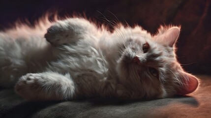 Fluffy white cat relaxing on its back paws up in soft warm ambient light