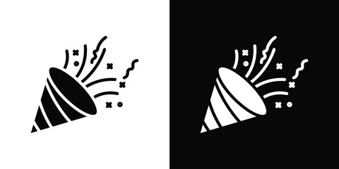 Confetti party popper icons set. Black and white silhouette collection